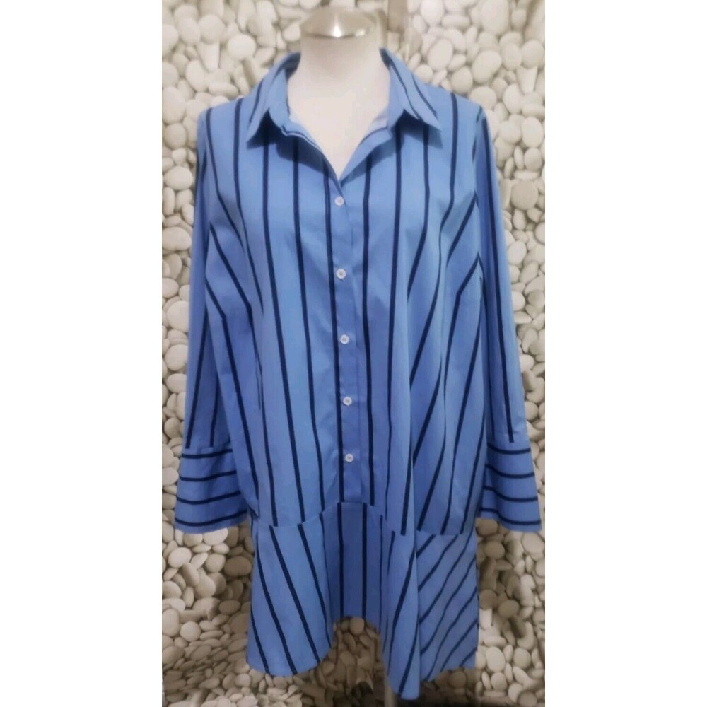Eloquii Shirt Dress Size 18 Blue Striped Cotton Spandex Button Mini Coastal